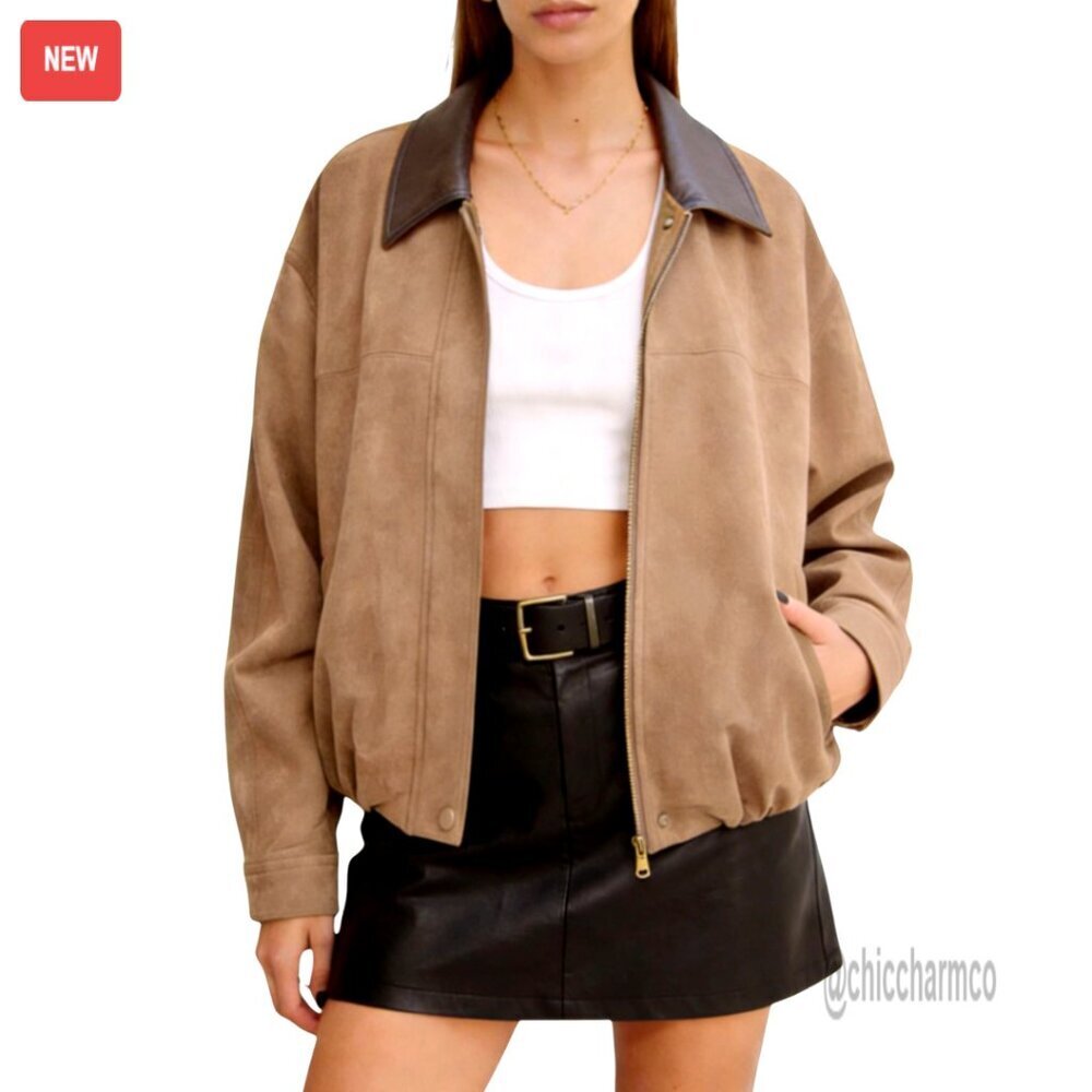 Faux Suede Bomber Jacket Oversized Motorcycle Style Zip Front